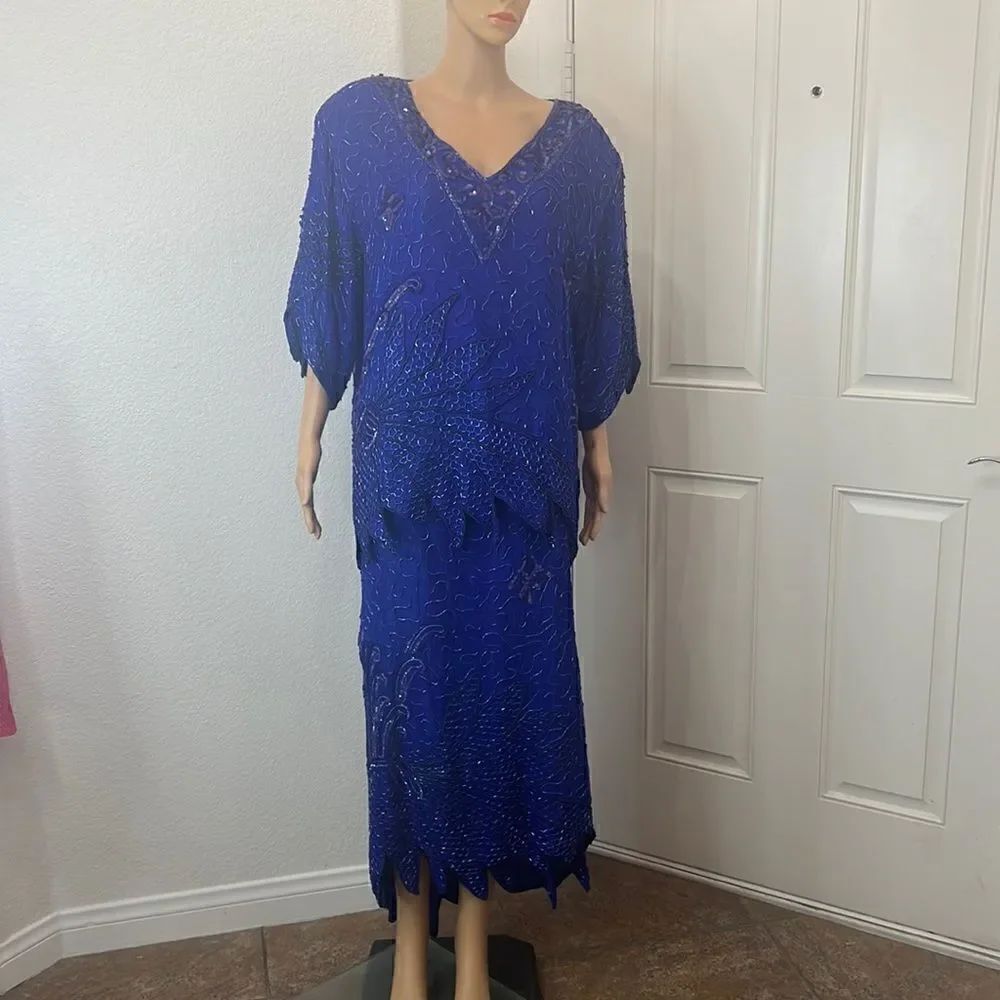 Interlude Top & Skirt V Neck 3/4 Sleeve Blue Beaded Sequined 💯% Silk India 22 W